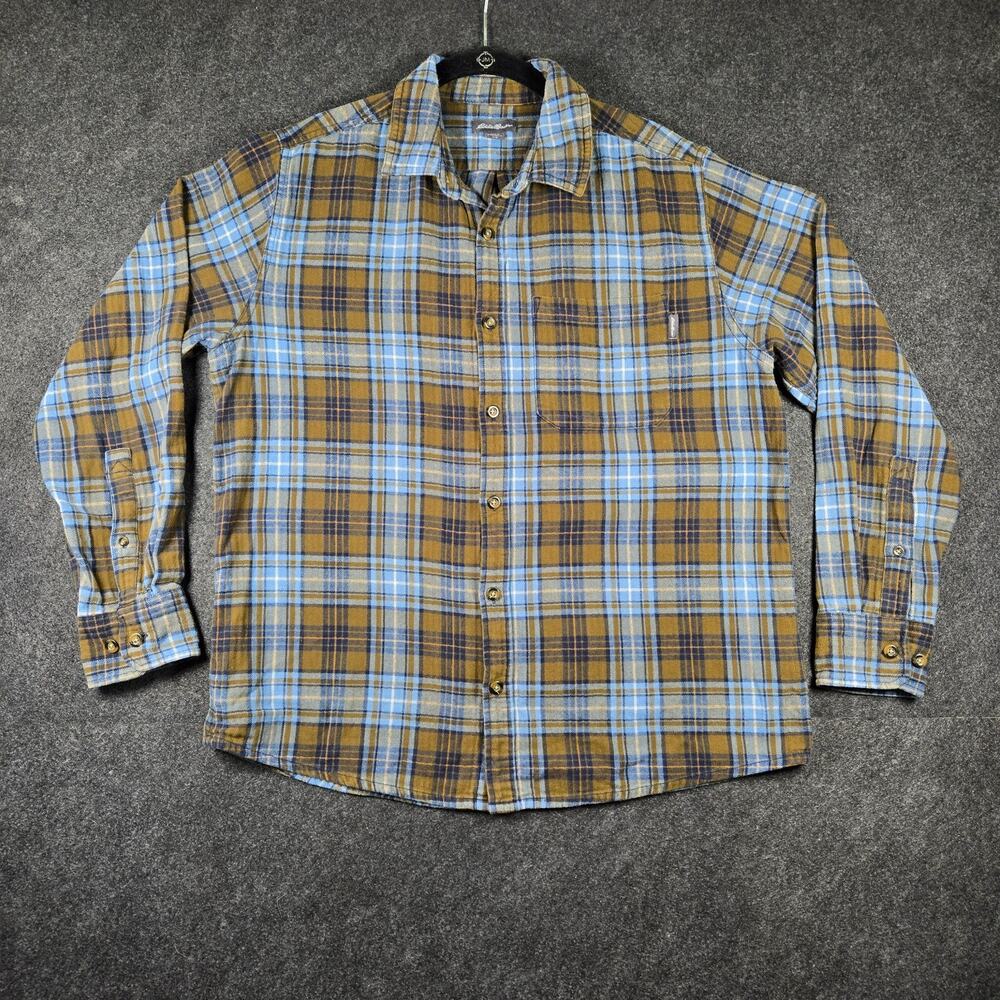 Eddie Bauer Classic Flannel Shirt Large Blue Plaid Button Up 100% Cotton
